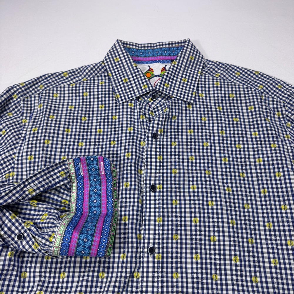Robert Graham Mens Medium Gingham Flip Cuff Button Down Shirt Blue Yellow Cotton